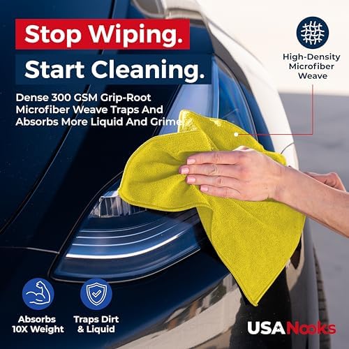 USANOOKS Microfiber Cleaning Cloth Yellow - 12 Pcs 12.5"x12.5" - High Performance - 1200 Washes, Ultra Absorbent Towels Weave Grime & Liquid for Streak-Free Mirror Shine - Car Washing Cloth - Image 6