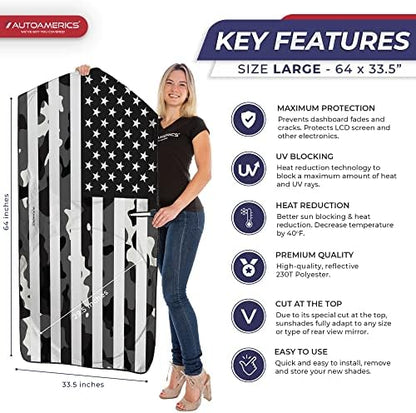 Autoamerics 1-Piece Windshield Sun Shade B&W Camo American Flag USA Design - Foldable Car Front Window Sunshade for Most Sedans SUV Truck - Blocks Max UV Rays and Keeps Your Vehicle Cool - Large - Image 2