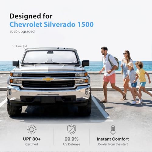 2026 Upgraded Windshield Sun Shade for Chevrolet Silverado 1500 [Precision Custom Fit, Superior UV & Heat Block] Cooling Tech Fabric, Durable Foldable with Storage Bag, Fits 2000-2026 - Image 2