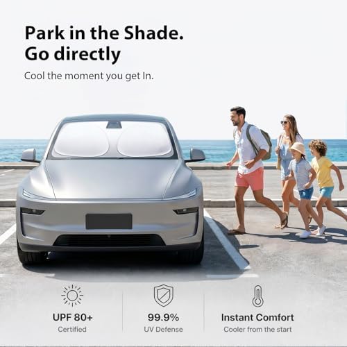 2026 Upgraded Windshield Sun Shade for Tesla Model 3 / Model Y [Precision Custom Fit, Superior UV & Heat Block] Cooling Tech Fabric, Durable Foldable with Storage Bag, Fits 2017-2026 - Image 6