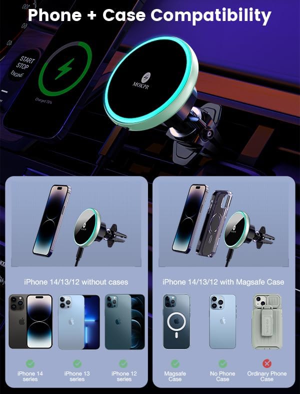 for Magsafe Car Mount Charger 15W LED RGB Car Phone Holder for Dash Vent | HandsFree Magnetic Wireless Car Charger Car Mount Fast Car Charger for iPhone 17 16 15/14/13/12 Series Green - Image 3
