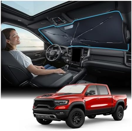 Nmoiss Windshield Sun Shade Umbrella for Ram - [Vinyl Coating Heat Shield] Protect Car from Sun Rays & Heat Damage Keep Cool and Protect Interior, Spring Structure Edge by Nmoiss