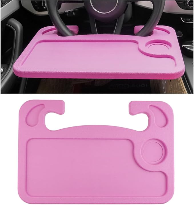 Car Steering Wheel Desk, Multifunctional Auto Seat Stand Trays for Eating and Working, Double Sided Design Steering Wheel Table Desk for Laptop, Food, Car Accessories (Pink) by Sylvil