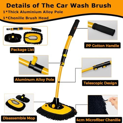 WillingHeart 15° Curved Car Wash Brush with Long Handle 43" Extension Pole RV Truck Microfiber Cleaning Mop Auto SUV Wheel Boat Exterior Interior Detailing 2 in 1 Carwash Duster Not Hurt Paint, Yellow - Image 3