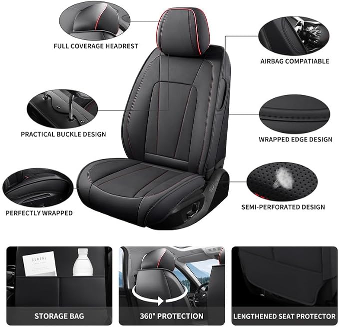 Car Seat Covers Full Set Custom Fit for Honda Fit 2006-2020 , Black&Red | Premium Faux Leather, Waterproof, Anti-Slip, Airbag Compatible, Breathable, Car Seat Protectors, 2 Rows 5 Seats - Image 3