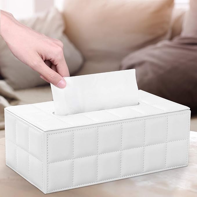 KINGFOM Rectangular Tissue Box Cover, Imitation Suede PU Leather Tissue Box Holder, Facial Napkin Paper Dispenser for Home Office Car Automotive Decoration with Magnetic Bottom(Soft White) - Image 7
