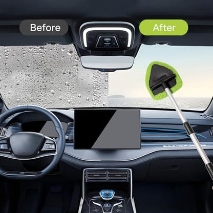 Qydipclin 10pcs Windshield Cleaner Tool, Car Window Cleaning Wash Kit with 4 Reusable Microfiber Pads 1 Spray Bottle and Extendable Handle Auto Glass Wiper Kit, Green - Image 3