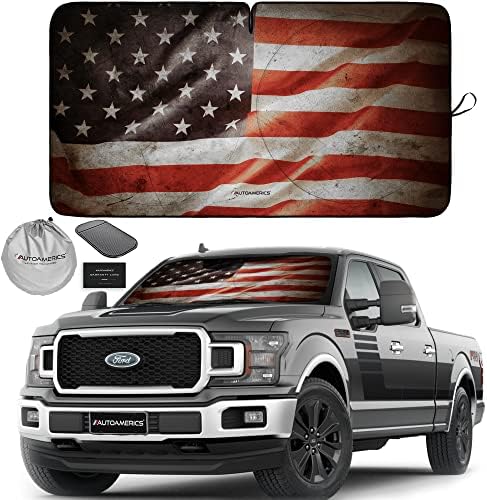 Autoamerics Truck Windshield Sun Shade with Storage Pouch & Anti-Slip Dash Pad - Foldable Grunge USA Flag-1 Design Cover - Fits Most SUVs & Trucks -Reflective 230T Material | X-Large (66 x 36 inches) by AutoamericsUS