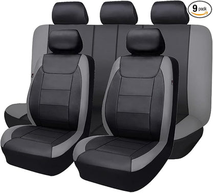 Flying Banner car seat Covers Protects Water Proof Faux Leather Carbon Fiber Front and Rear Bench (Gray Black, Full Set - 9PCS) by FlyingBanner