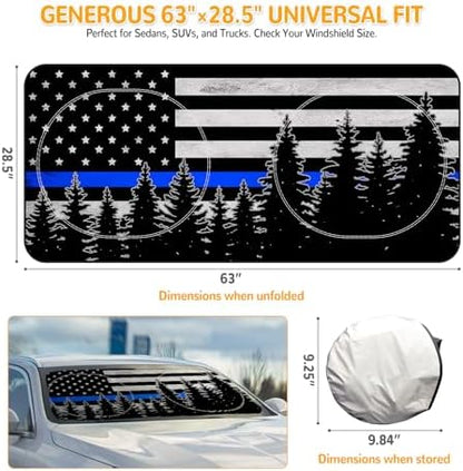 Windshield Sun Shade for Car, 63"x28.5" Stylish Printed Front Window Sunshade with Double Steel Ring Frame, Universal Fit Foldable Heat Blocker & UV Protector, with Storage Pouch (Bline Line Flag) - Image 2
