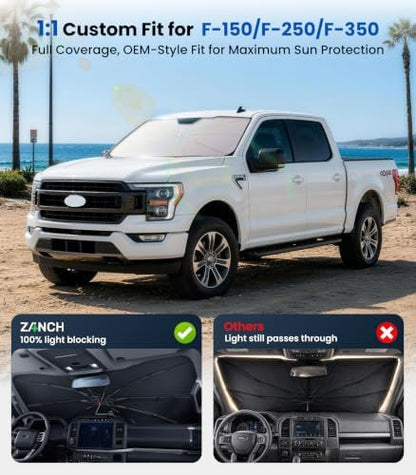 Zanch Windshield Sun Shade Umbrella for F-150/ F-250/ F-250 2011-2026 [99% UV Protection, Up to 75℉ Cooler] Snug Fit, Sturdy Frame, Scratch-Free Interior, Foldable Front Sunshade Umbrella - Image 4