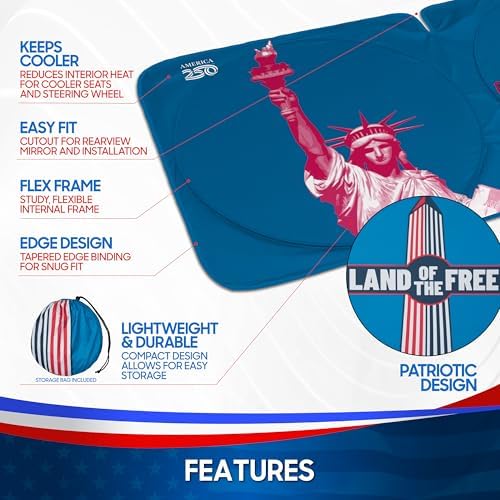 BDK Statue of Liberty Washington Monument Windshield Sun Shade America 250 Pop Up Patriotic Car Sunshade Split Design UV Protection Heat Blocker Foldable Cover Truck SUV 4th of July Memorial Day - Image 5