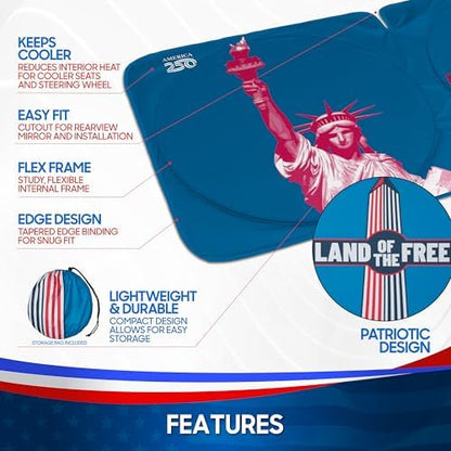 BDK Statue of Liberty Washington Monument Windshield Sun Shade America 250 Pop Up Patriotic Car Sunshade Split Design UV Protection Heat Blocker Foldable Cover Truck SUV 4th of July Memorial Day - Image 5