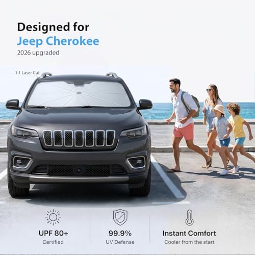 2026 Upgraded Windshield Sun Shade Umbrella for Jeep Cherokee [Precision Custom Fit, Superior UV & Heat Block] Cooling Tech Fabric, Durable Foldable with Storage Bag, Fits 2000-2001, 2014-2023 - Image 2