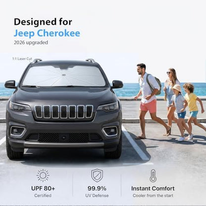 2026 Upgraded Windshield Sun Shade Umbrella for Jeep Cherokee [Precision Custom Fit, Superior UV & Heat Block] Cooling Tech Fabric, Durable Foldable with Storage Bag, Fits 2000-2001, 2014-2023 - Image 2