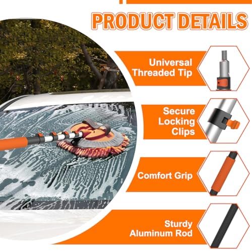 LAANPOLE 12FT Car Wash Brush with Long Handle, Car Cleaning Kit with Soft Bristle Wash Brush, Microfiber Cleaning Mop, Window Squeegee, Mitt, Wheel Brush, Bucket, Drying Towel for RV, Truck, Boat - Image 3