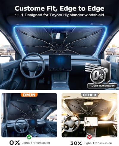 DMJN Umbrella Windshield Sun Shade for Toyota Highlander (2009-2026), Car Sunshade for Front Windshield [Nano Ice-Crystal Coatings] UPF50+ Heat & UV Block, Protect Interior & Keep Cooler - Image 2
