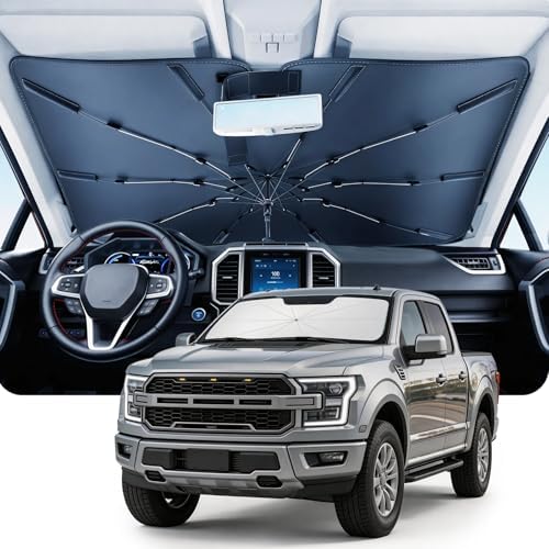 DMJN Umbrella Windshield Sun Shade for Ford F150 F250 F350 F450 (2015-2026), Car Sunshade for Front Windshield [Nano Ice-Crystal Coatings] UPF50+ Heat & UV Block, Protect Interior & Keep Cooler by DMJN