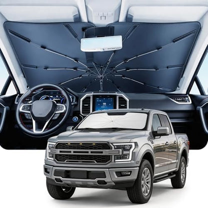DMJN Umbrella Windshield Sun Shade for Ford F150 F250 F350 F450 (2015-2026), Car Sunshade for Front Windshield [Nano Ice-Crystal Coatings] UPF50+ Heat & UV Block, Protect Interior & Keep Cooler by DMJN