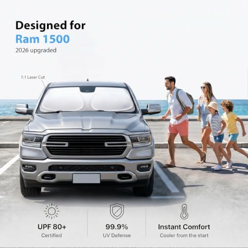 2026 Upgraded Windshield Sun Shade for Ram 1500 [Precision Custom Fit, Superior UV & Heat Block] Cooling Tech Fabric, Durable Foldable with Storage Bag, Fits 2011-2025 - Image 2