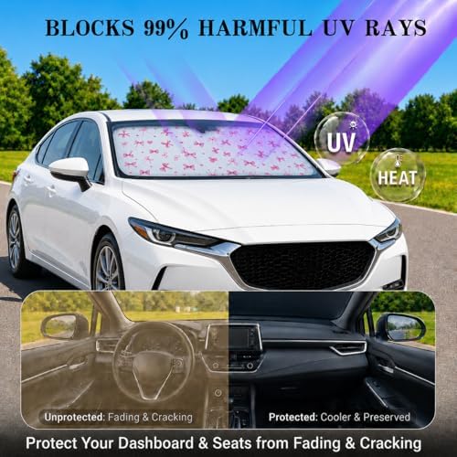 Car Windshield Sun Shade, Universal Fit Compact Sedan SUV, Cute Heart Bow - Image 3