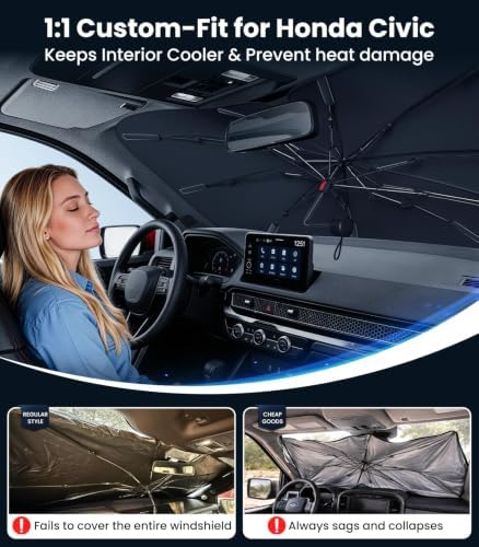 Zanch 2026 Upgraded Windshield Sun Shade Umbrella: Custom Fit for Honda Civic 2016-2025 Front Window Sunshade, Block UV Rays & Keep Car Cool, Precision 1:1 Scan for Civic, No Gaps & No Scratches. - Image 2