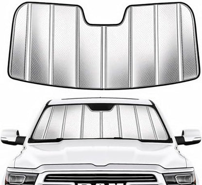 Custom Fit Windshield Sun Shade for Ram 1500 2019-2026 with 5 inch Wide Sensor, Foldable 3-Layer High Reflective Silver Sunshade, Blocks UV Rays and Reduces Cabin Heat by Unknown