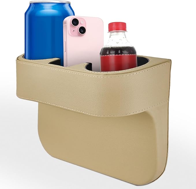KITUREK Car Cup Holder, PU Leather Cover Auto Front Seat Organizer, Beige | Multifunctional Cup Drink Holder, Gap Filler Coin Bucket Storage Box, Console Side Pocket, Cell Mobile Phone Holder by KITUREK