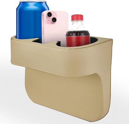 KITUREK Car Cup Holder, PU Leather Cover Auto Front Seat Organizer, Beige | Multifunctional Cup Drink Holder, Gap Filler Coin Bucket Storage Box, Console Side Pocket, Cell Mobile Phone Holder by KITUREK