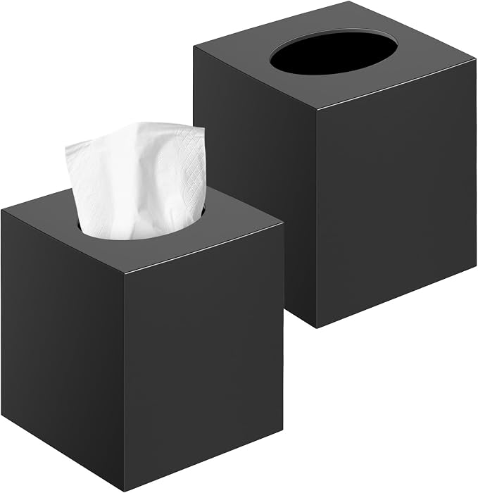 2 Pack Tissue Box Cover, Square Acrylic Tissue Holder Non-Slip Base, Black | modern,non-slip,easy to refill,compatibility for tissue & rollsfor bathroom countertops,dressers,night stand,parlors,office by Chintu