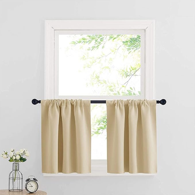 RYB HOME Cafe Curtains 24 inch Length, RV Camper Window Curtains | Short Small Half Window Tiers,Privacy,Thermal Insulated,Light UV Heat Blocking,Rod Pocket,W29 x L24,Biscotti Beige,2 Panels by RYBHOME
