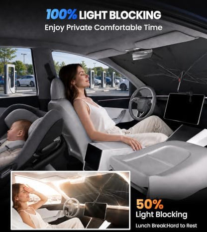 Zanch Windshield Sun Shade Umbrella for Tesla Model Y/3 (Including Juniper) 2018-2026 [Interior Protection, Up to 75℉ Cooler] Custom-Fit, No Sagging, No Gaps, Foldable Front Sunshade Umbrella - Image 5