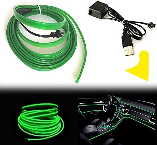 El Wire Green Interior Car LED Strip Lights, 5M Neon Wire USB 5V with Fuse Protection for Automotive Interior Decoration, with 6mm Sewing Edge by Maxlaxer