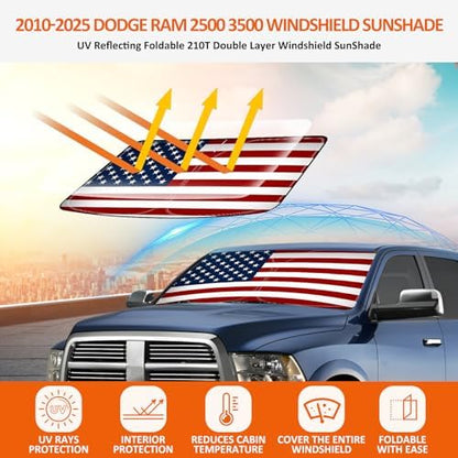 Bestview American Flag Windshield Sunshade for 2010-2025 Dodge Ram 2500 3500,Custom Fit Foldable Front Window Sunshade Sun Visor Accessories Protector Block UV Rays Heat, Keep Your Car Cooler - Image 3