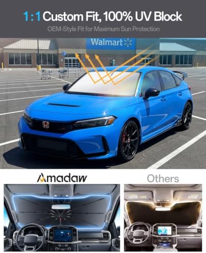 Windshield Sun Shade for Honda Civic 2000–2026, Foldable Umbrella Sunshade with 100% UV Block, Multi-Layer Heat Insulation, Reinforced 10-Rib Frame, Keeps Car Cooler, Summer Car Accessory - Image 3