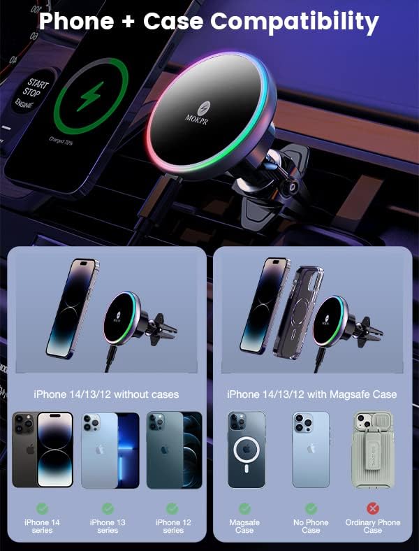 for Magsafe Car Mount Charger 15W LED RGB Car Phone Holder for Dash Vent | HandsFree Magnetic Wireless Car Charger Car Mount Fast Car Charger for iPhone 17 16 15/14/13/12 Series Graphite Black - Image 3