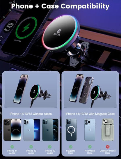 for Magsafe Car Mount Charger 15W LED RGB Car Phone Holder for Dash Vent | HandsFree Magnetic Wireless Car Charger Car Mount Fast Car Charger for iPhone 17 16 15/14/13/12 Series Graphite Black - Image 3