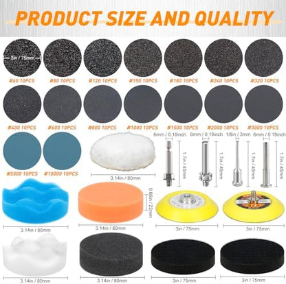 174 PCS 3 Inch Wet Dry Sanding Discs 60-10000 Grit Assorted - Image 2