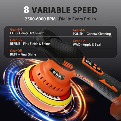 Cordless Car Buffer Polisher Kit, 2x4000mAh 21V Batteries, 6-Inch Orbital Car Polisher, 8 Variable Speeds, LED Display, 18-Piece Accessories for Waxing, Polishing & Scratch Removal - Image 3