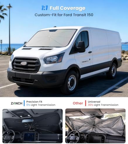 Zanch 2026 Upgraded Windshield Sun Shade Umbrella: Custom Fit for Ford Transit 150 2015-2025 Front Window Sunshade, Block UV Rays & Keep Car Cool, 1:1 Scan for Transit 150, No Gaps & No Scratches. - Image 2