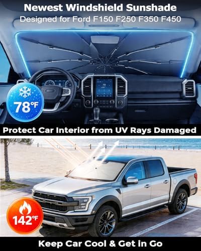 DMJN Umbrella Windshield Sun Shade for Ford F150 F250 F350 F450 (2015-2026), Car Sunshade for Front Windshield [Nano Ice-Crystal Coatings] UPF50+ Heat & UV Block, Protect Interior & Keep Cooler - Image 2