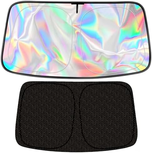 GWUSKDT Foldable Windshield Sunshade Iridescent Heat Shield with Reflective Polyester Fabric UV Protection Car Sun Shade with Memory Steel Frame Keeps Interior Cool & Protects Dashboard (58 x 31 in) - Image 3