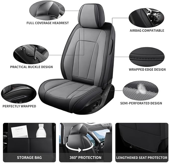 Front Seat Covers Custom Fit for Kia Optima 2001-2020,Black&Gray | Luxury Faux Leather, Waterproof, Anti-Slip, Airbag Compatible, Breathable, Car Seat Protectors, 1 Row 2 Seats - Image 2