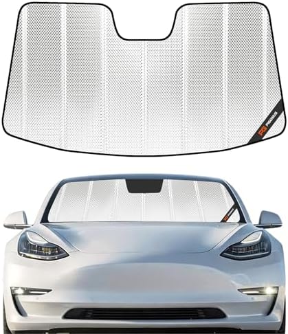 Pigenius Windshield Sun Shade for Tesla Model 3 2018-2025, Tesla Model Y 2020-2026. Reflective Aluminum Film Front Window Sunshade - BLAZBLOCK by Pigenius