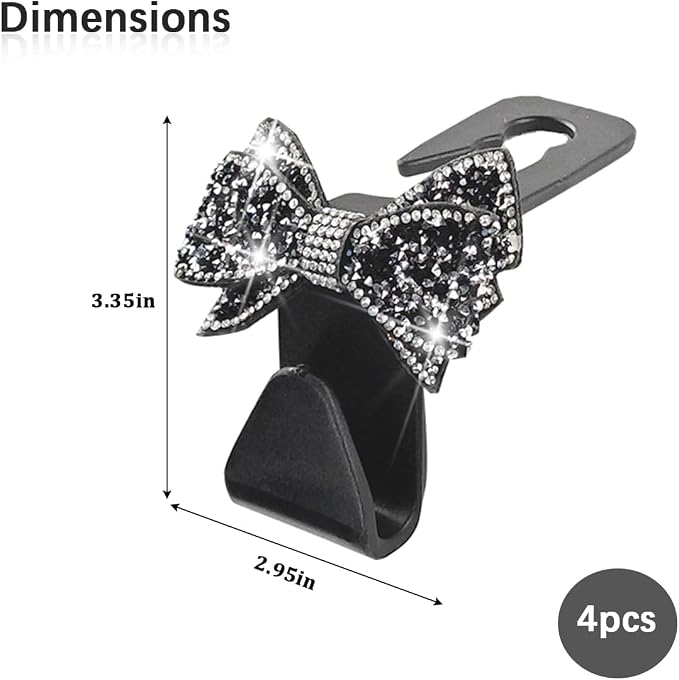Zpana 4PCS Car Headrest Hook Rhinestone Bow Bag Hanger Black | PVC construction, rhinestone bow design, compact rear seat storage, fits most cars, SUVs, and trucks, automotive accessories - Image 2