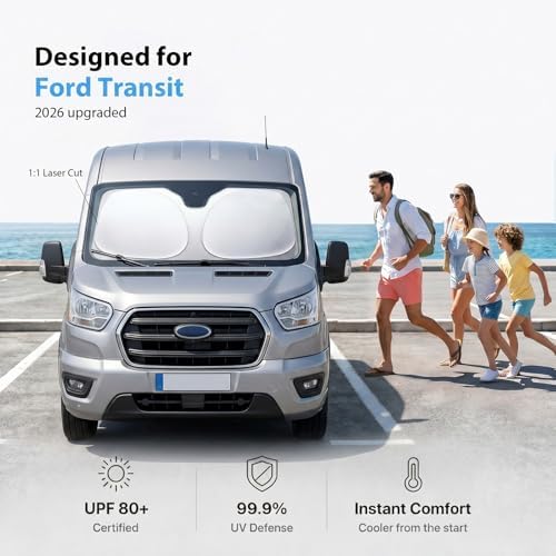 2026 Upgraded Windshield Sun Shade for Ford Transit [Precision Custom Fit, Superior UV & Heat Block] Cooling Tech Fabric, Durable Foldable with Storage Bag, Fits 2015-2025 - Image 2