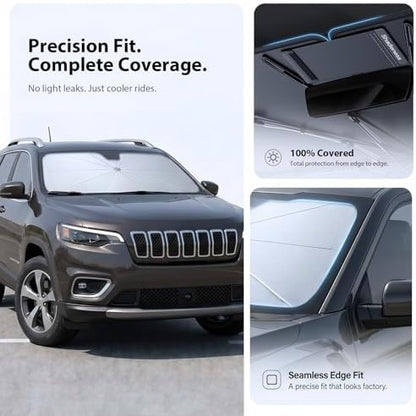 2026 Upgraded Windshield Sun Shade Umbrella for Jeep Cherokee [Precision Custom Fit, Superior UV & Heat Block] Cooling Tech Fabric, Durable Foldable with Storage Bag, Fits 2000-2001, 2014-2023 - Image 5