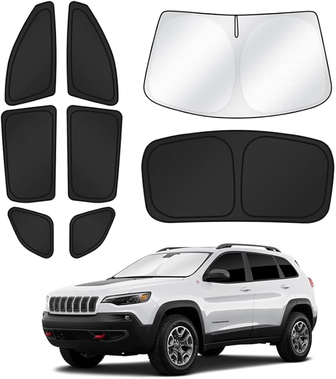 Canvcle Sunshades for Jeep Cherokee 2014-2023 (Not for Jeep Grand Cherokee) Windshield Sun Shade Side Rear Window Shade Cover Sun Visor Shield Privacy Protection Keep Vehicle Cool Black 8PCS by Canvcle
