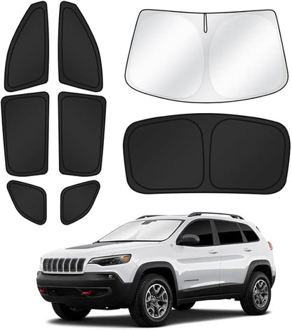 Canvcle Sunshades for Jeep Cherokee 2014-2023 (Not for Jeep Grand Cherokee) Windshield Sun Shade Side Rear Window Shade Cover Sun Visor Shield Privacy Protection Keep Vehicle Cool Black 8PCS by Canvcle