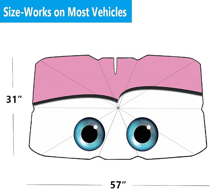 Windshield Sun Shade 2025 Car Accessories 100% Blackout Car Front Windsow Shades Umbrella Automotive Sun Visor Block Heat Insulation Protection (Pink Eyes) - Image 4